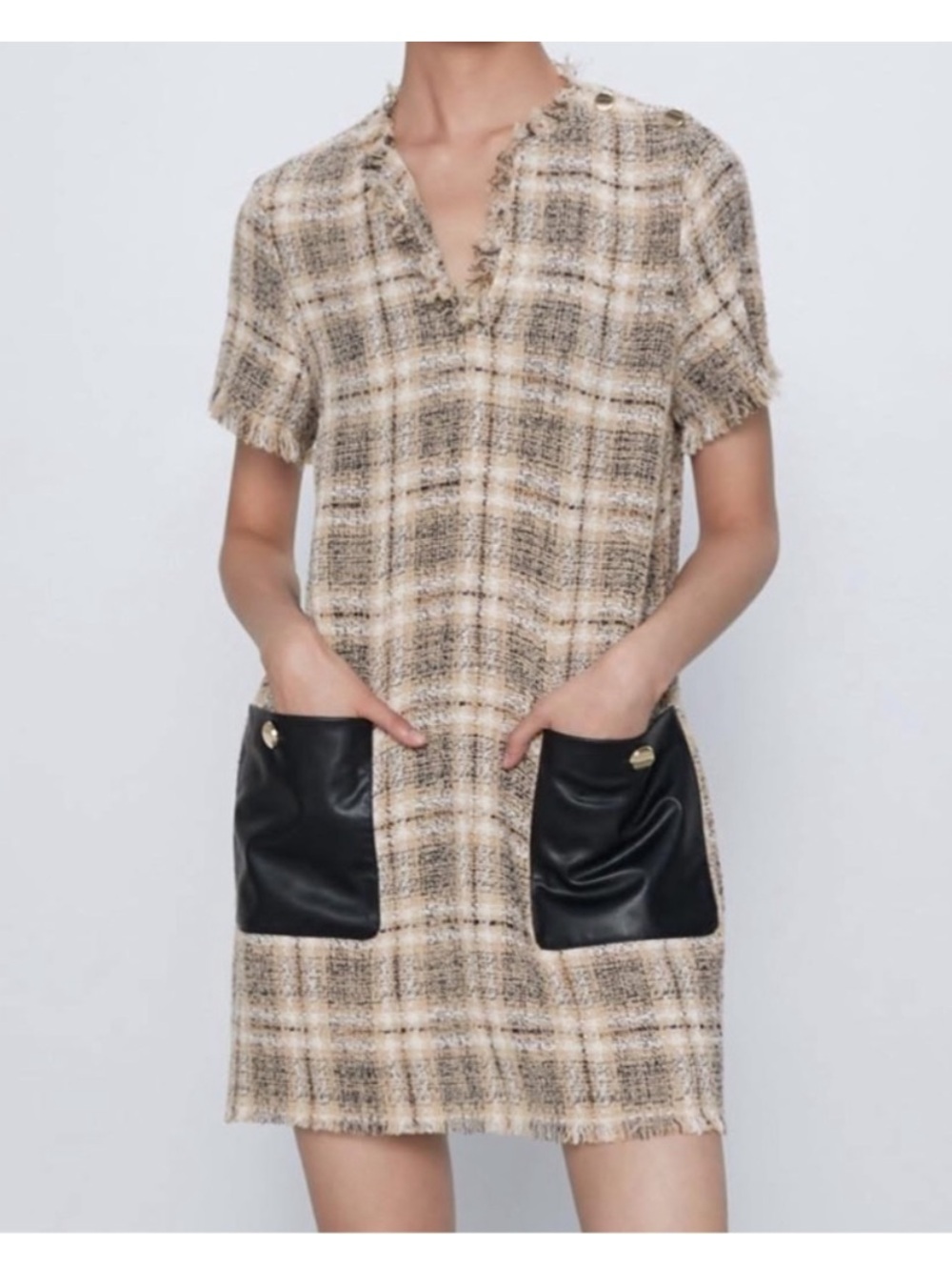 NWT Zara tweed Mini Dress with faux leather pockets